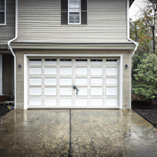 Exterior view of a modern suburban garage door in Morristown, NJ with visible seals and trim after rain.