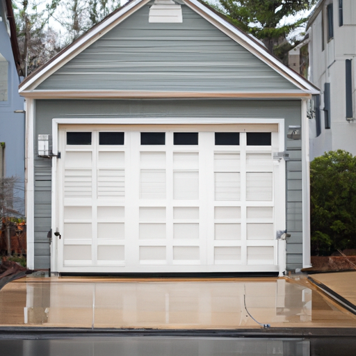 Suburban Morristown home with a visible steel garage door, tracks, and opener housing on a wet afternoon.