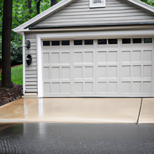 Suburban Morristown driveway with a modern closed garage door, wet pavement, and visible tracks.