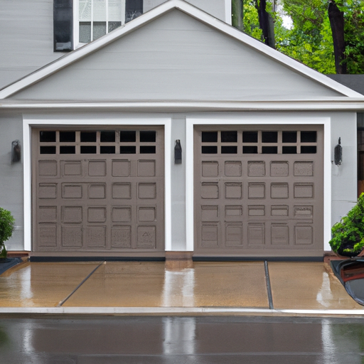Suburban Morristown home with a modern closed sectional garage door on a wet driveway after rain.