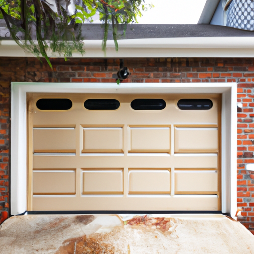 Closed insulated garage door on a brick Morristown home with visible weatherstripping and opener track on a clear day.