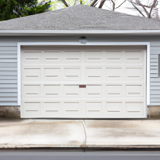 Residential garage door on a Morristown, NJ street, showing material texture and finish under soft overcast light