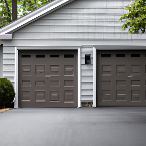 Modern paneled garage door on a suburban Morristown driveway with trimmed landscaping and overcast sky.