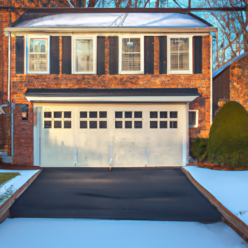 Modern sectional garage door on a colonial Morristown, NJ home with light snow on the driveway at late afternoon.