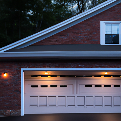Suburban Morristown driveway with a modern sectional garage door partially open at dusk, opener rail visible inside.