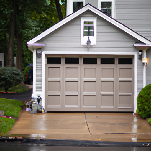 Suburban Morristown home with a partially open steel-paneled garage door on a wet morning driveway.