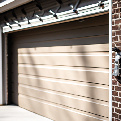 Suburban garage door in Morristown, NJ with visible tracks, rollers and opener hardware at mid-morning light.