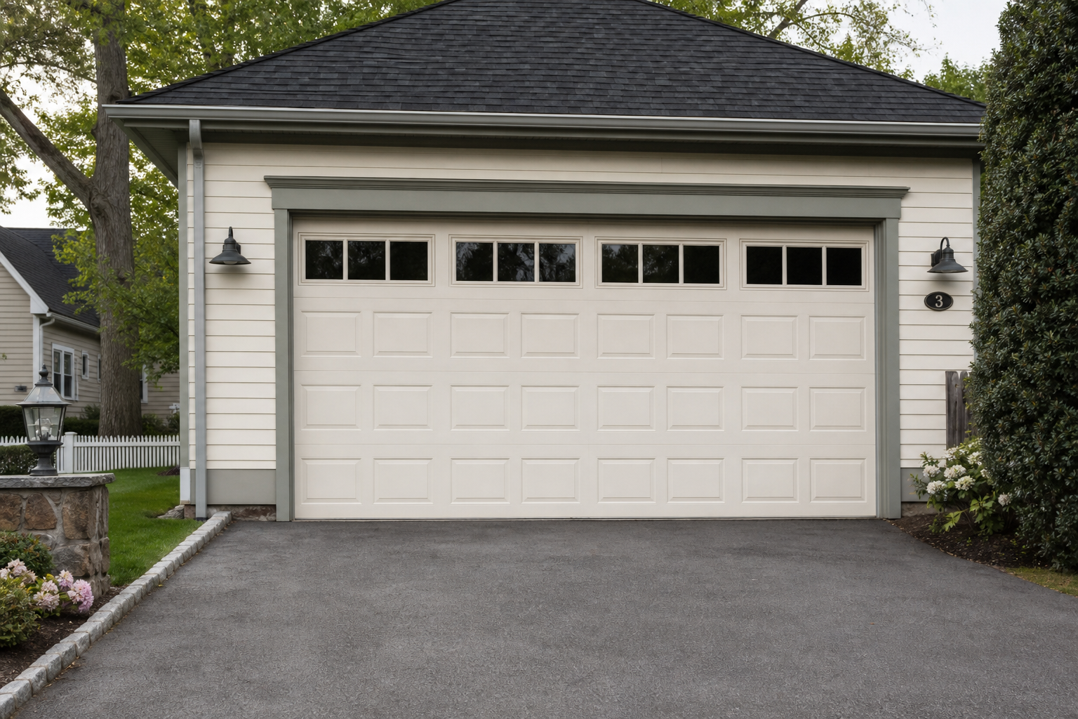 Suburban garage exterior with a closed garage door in Morristown, NJ